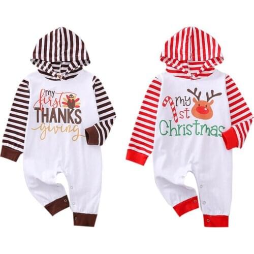 Autumn Baby Girl Boy Thanksgiving Jumpsuit Infant Cartoon Letter Striped Print Hooded Bodysuit Newborn Baby Girls Boys Bodysuit