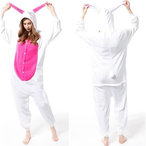 Rabbit Cartoon Hooded Onesies Pajamas Adults Animal Unisex Flannel One-Piece Sleepwear Warm Home Wear Halloween Cosplay Costume