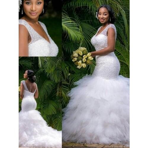 Trumpet/Mermaid V-neck Sleeveless Cathedral Train Beading Tulle Wedding Dresses Custom Made Bridal Brde Gown