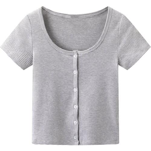 Casual Women Soft Cotton Square Collar T-shirt 2021 Summer Fashion Ladies High Street T-shirt Female Striped Straight Short Top