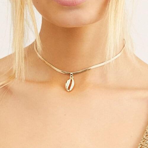 Simple Creative Snake Chain Metal Sea Shell Pendant Choker Necklace Women Vintage Ethnic Beach Necklace Jewelry Kolye YN1477