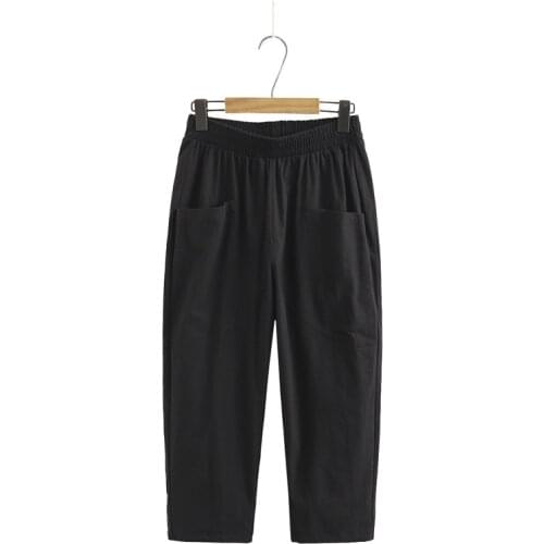 Plus Size Womens Linen Pants Elastic Waist Simple Vintage Spring Summer Ankle Pants with Big Pockets