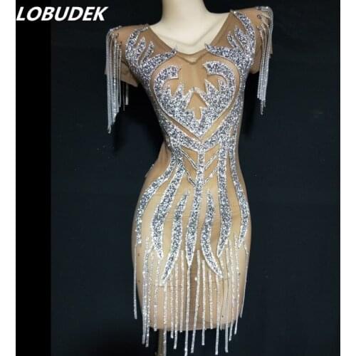 Evening Party Host Singer Luxury Rhinestones Chain Mesh Dress Bar Nightclub Sexy Transparent Costume Birthday Celebrate Dresses