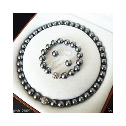 Jewelry AAA+ FASHION 10MM BLACK SOUTH SEA SHELL PEARL NECKLACE BRACELET EARRINGS