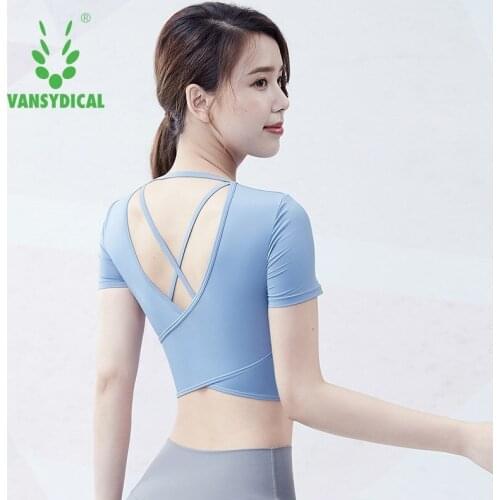 Vansydical Yoga Shirt Back Cross Sexy Fitness Tops Women Breathable Quick Dry Backless Gym Workout Short Sleeve With Chest Pad
