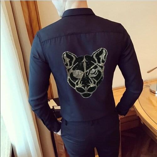 Spring Men Prom Long-Sleeved T-Shirt High-Quality Rhinestone Design Chemise Buttons Slim Fit Business Party Blouse Homme Tuxedo