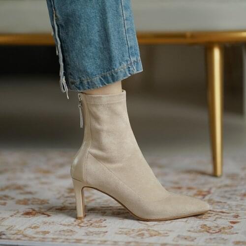 Apricot high-heeled ankle boots women 2021 new Korean version of the autumn and winter thick heel elastic pointed socks boots