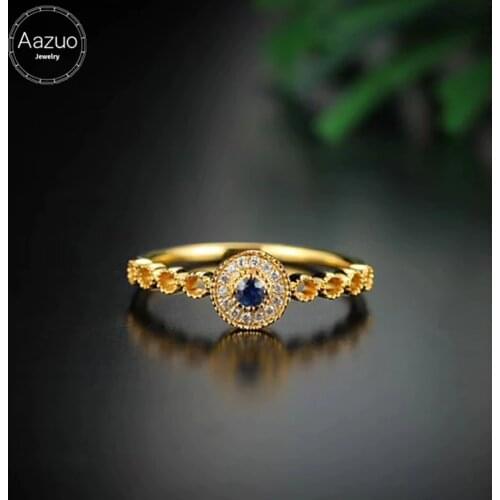 Aazuo Real 18K Yellow Gold Jewelry Real Diamond IJ SI 0.045ct Natural Blue Sapphire Round Rings gifted for Women Au750