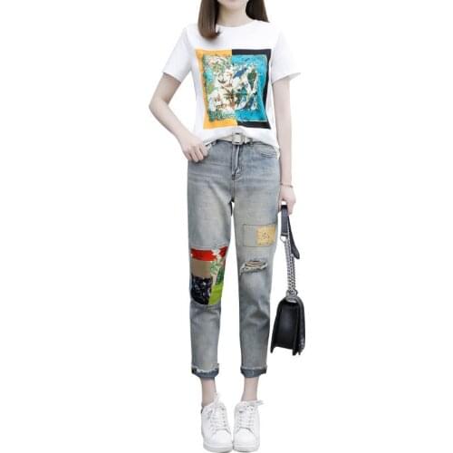 Summer Women Sets 2021 Short Sleeve T Shirt And Ripped Jeans 2pcs Clothing Female Casual Suits Fashion NewTwo-piece suit 3XLB824