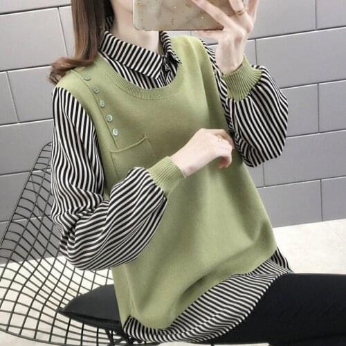 Female Sweaters Knitting Tops Autumn Sweater Vest Splicing Stripe Shirts Top Women Loose Fake Two Pieces Casual Clothes Style