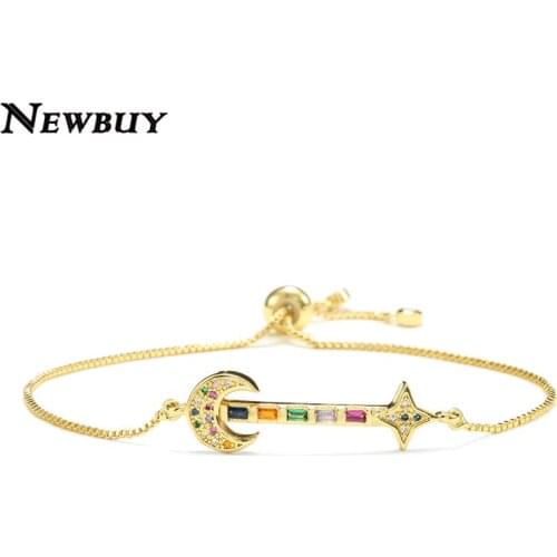 NEWBUY 2020 Hot Sale Colourful Cubic Zirconia Bracelet Gold Chain Star Moon Women Charm Bracelet Valentines Day Gift