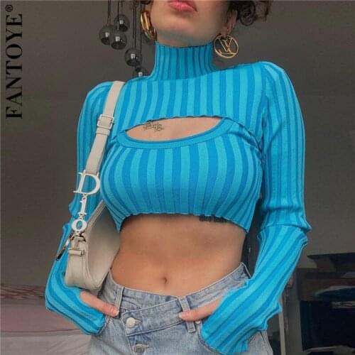 Fantoye Sexy Turtleneck Hollow Out Women Sweater Blue Long Sleeve Striped Cotton Sweater Ladies Autumn Slim Streetwear Sets 2021