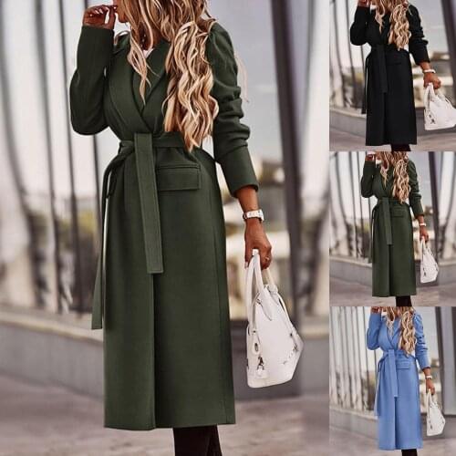 2020 Autumn Winter Womens Long Coat Female Lapel Long Sleeve Solid Windbreaker Korean Belted Trench Coat Female Ladies Outwear