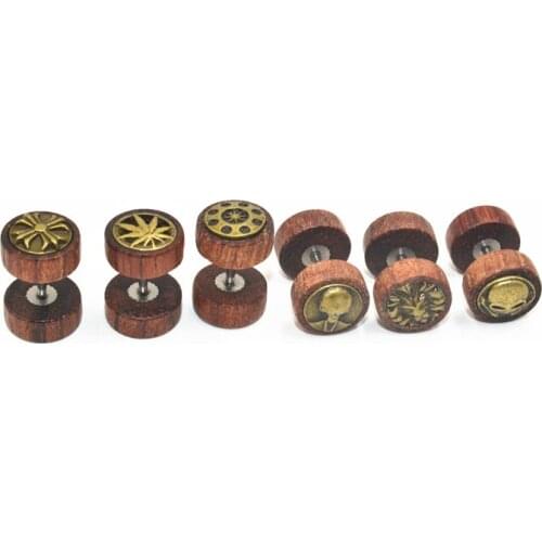 50pcs Wood Logos Body jewelry Ear Stud /Earring Fake Ear Plugs Cheat Tunnels Illussion Plugs 10mm Free Shippment