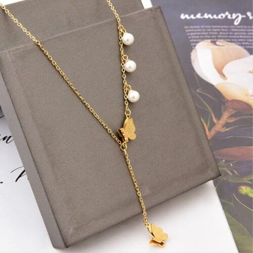 316L Stainless Steel New Fashion Fine Jewelry Pearl 2-layer Butterfly Tassel Charms Chain Choker Necklaces Pendants For Women