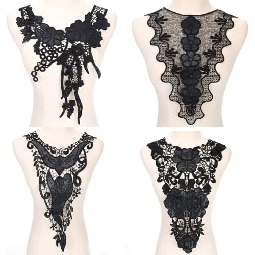 1pc Black Polyester 3D Flower Lace Fabric Applique Motif with Sequins Blouse Sewing Trims DIY Neckline Collar Costume Decoration