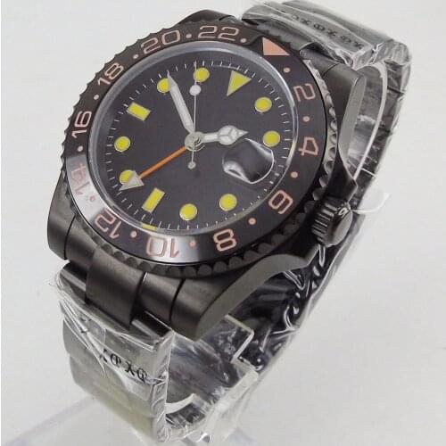 PVD Plated 40mm Black Automatic Men Watch Sterile Dial Yellow Markers Mental Bracelet Sapphire Glass orange GMT Function