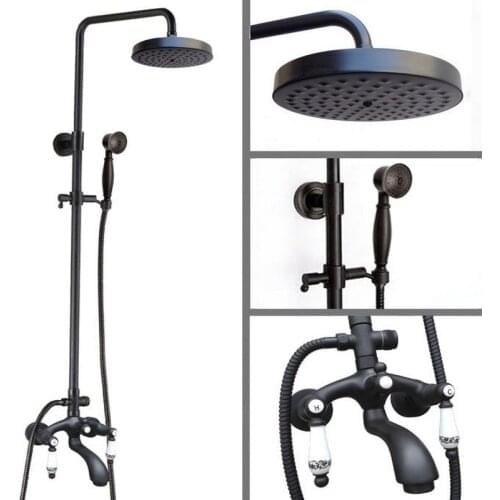 Black Oil Rubbed Bronze Wall Mounted Bathroom 7.7" Rainfall Shower Faucet Set Bath Tub Water Tap Dual Ceramics Handles ahg137