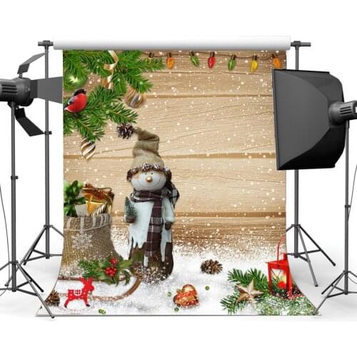 Photography Backdrop Christmas Snowman Sleigh Gifts Bag Lantern Snow Wood Plank Xmas Backdrops