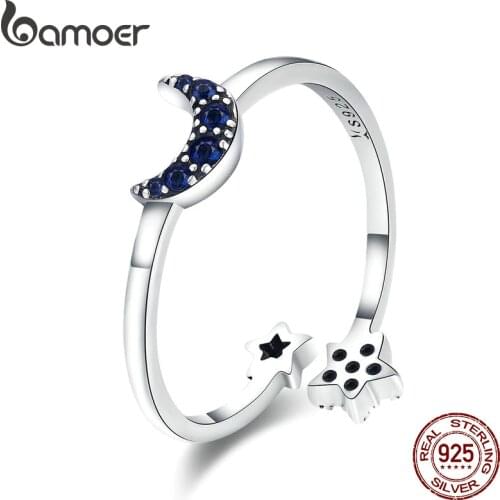 BAMOER Real 925 Sterling Silver Sparkling Blue Moon Star Clear CZ Finger Rings for Women Wedding Engagement Jewelry anel SCR437