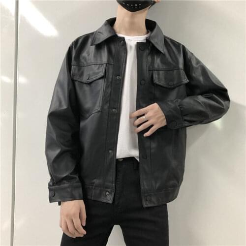 Korean Black Leather Jacket Mens Fashion Lapel Motorcycle Jackets Mens Streetwear Loose Hip-hop Bomber Jacket Men M-2XL