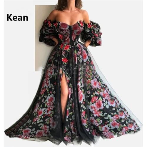 Lace Black Muslim Evening Dress Off the Shoulder Flower Slit robe de soiree Islamic Dubai Kaftan Saudi Arabic Evening Prom Dress