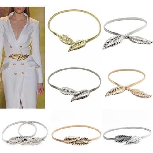 Leaves Ladies Waist Band Metal Belt Elastic Gold or Silver Skinny Slim Womens