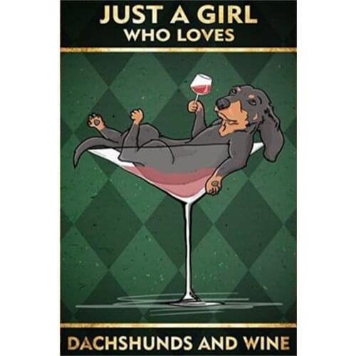 Metal Tin Sign Just A Girl Who Loves Dog and Wine Vertical Poster Vintage Metal Tin Sign for Men Women,Wall Decor for Cafes Pubs