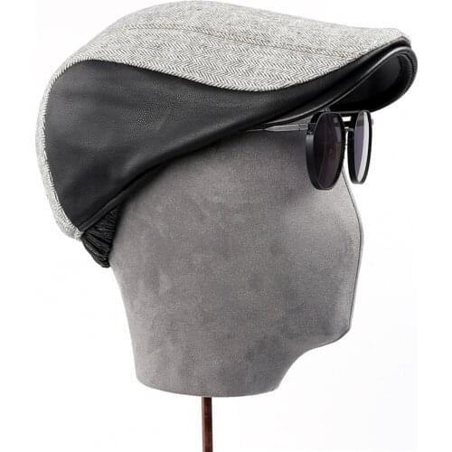 Mens Wool Belend Cashmere Knitted Fabric Hats Newsboy Caps Patchwork Genuine Sheepskin Leather casquette peaked cap
