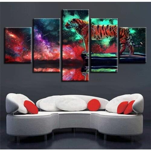 Decor Painting Artwork Wall Art 5 Pieces Animal Tiger Abstract Aurora Forest Night View Poster Modular Canvas Pictures HD Prints