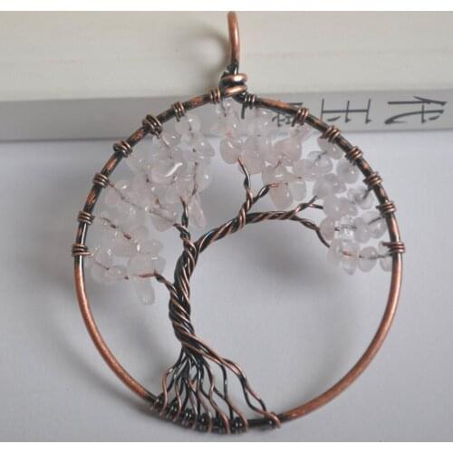 Natural Lucky Handmade Tree of life Rose Crystal Bronze Copper Wire Wrap GEM Pendant Jewelry For Gift S1286
