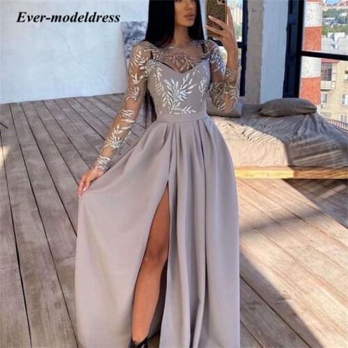 New High Split Lace Evening Dress For Women Wedding Guest Illusion Long Sleeve Dresses Party Prom Gowns Vestido De Baile Noite