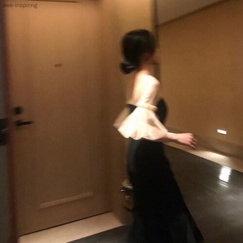 2021 Summer New Square Neck Dress Black Platycodon Gauze Puff Sleeve Slim Slimming Fashion Temperament Fishtail Skirt