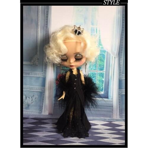 Blythes doll clothes Suitable for 1/6 OB24 size stylish sexy black evening dress 3-piece set of doll accessories