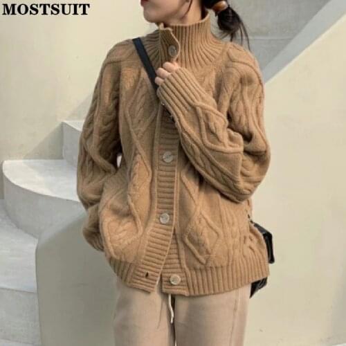 Single-breasted Button Up Cardigan Sweater Women Full Sleeve Turtleneck Twisted Knitted Jumper Tops Solid Loose Vintage Knitwear