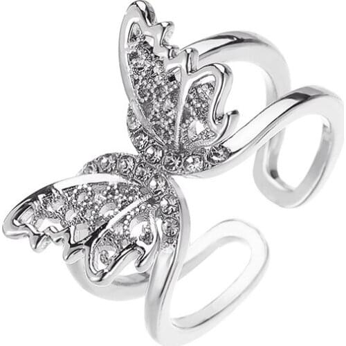 Sweet Fashion Hollow Crystal Butterfly Rings for Women Girls Simple Adjustable Open Wedding Party Ring Jewelry Gifts