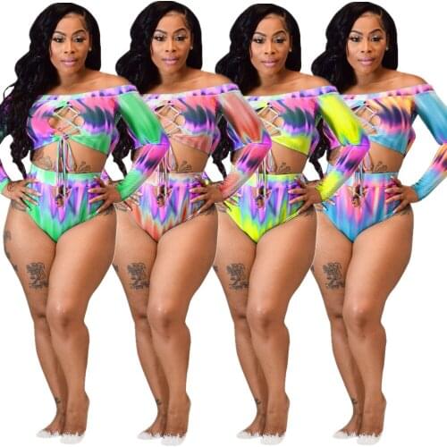 S-3xl Plus Size Bikini Sets Tie Dye 2 Piece Sexy Off Shoulder Long Sleeve Crop Shorts Batching Beach Suit Wholesale Dropshipping