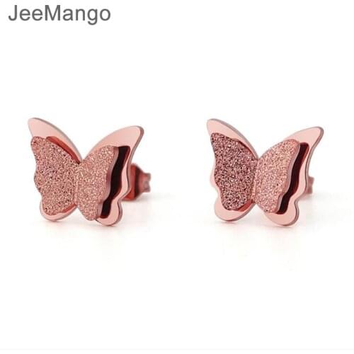 New Design Fashion Double-layer Matte Butterfly Stud Earrings Titanium Steel Rose Gold Color Wedding Earrings For Women E17030