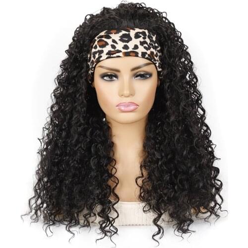 Synthetic Wig Long Black Womens Kinky Curly Breathability Wigs with Print Wide Knit Headband