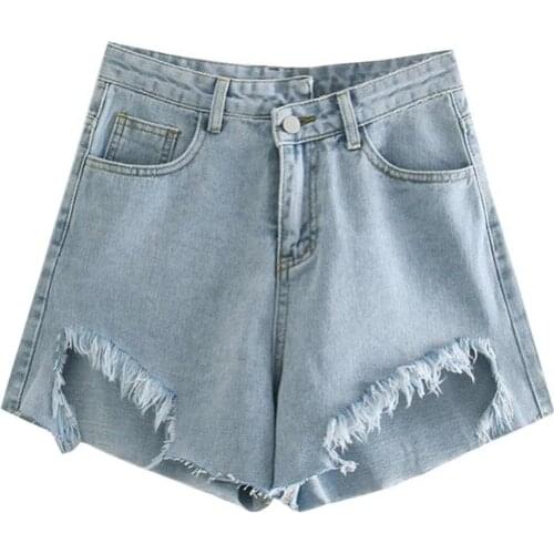 Spice Girls Must Enter The Loose-legged Pants Retro Harbor Wind-breaking Hole Hairy Edge Irregular Denim Shorts DLZK703