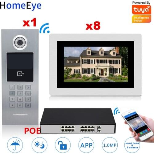 HomeEye 7'' 720P WiFi IP Video Door Phone Video Intercom Home Access Control System Touch Screen Password/RFID Card + POE Switch