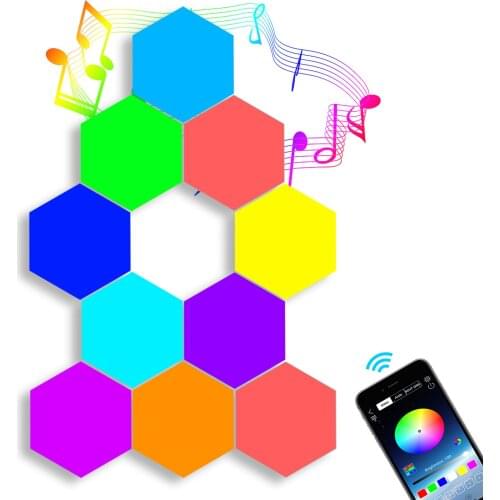 10PCS Smart LED Sound Control RGB Hexagon Wall Light with Colorful Light Effect APP Control Sticky Pads for Bedroom Living Room