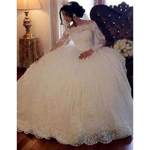 Gorgeous Scalloped Neck Off Shoulder Full Sleeve Wedding Gowns Saudi Arabia Ball Gown Wedding Dresses