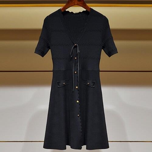 High End Good Quanlity Solid Color Little Black Dress Short Wavy Cut Bow One Piece Blue Fresh Spring Summer Robe Vestido