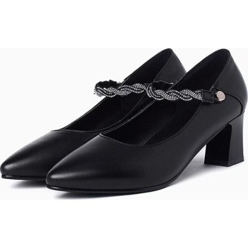 2020 Spring New Thick Heel Rhinestone Pointed Shoes Fashion High Heel Shoes Women Leather Shoes Elegant Comfort Shoes Large Size