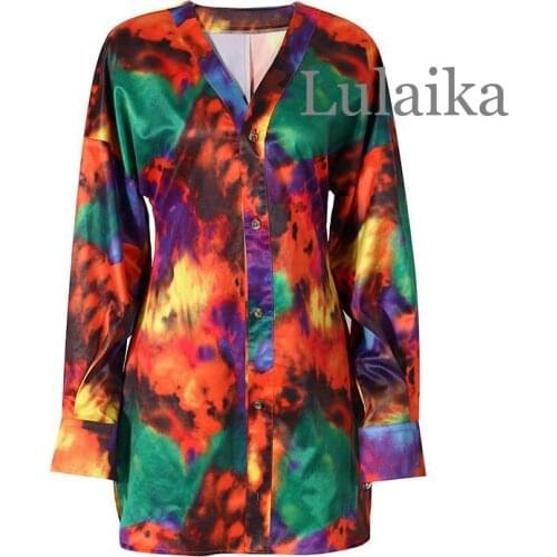 Designer Tie-Dyed Printing Shirt Dress V Neck Single Breasted Women Colorful Blouse 2021 Summer Runway Fade Dye Blouse Dresses