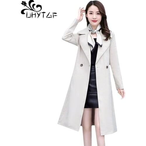 UHYTGF coat female fashion double-breasted casual autumn windbreaker women Solid color wild elegant plus size trench coat 1746