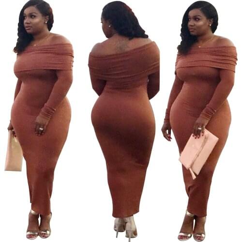 2021 Autumn Women Solid Color Dress Slash Neck Full Sleeve Long Dress Bodycon Streetwear Clothes For Women Outfit