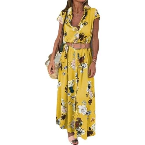 Summer Dress Women Retro Floral Print Short Sleeve Turn-down Collar Loose Maxi Dress Waistband robe femme платья для женщин 2021