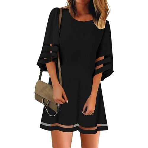 40# Loose Dress Womens O Neck Mesh Panel Blouse Half Sleeve Loose Top Shirt Dress Summer Casual Mini Dress Kobieta Sukienka